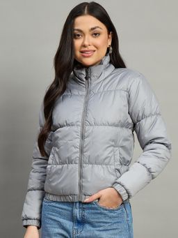 Duke - Grey Polyester Solid Puffer Jacket