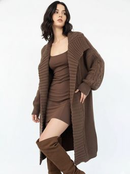 Outzidr - Brown Polyester Textured Overcoat