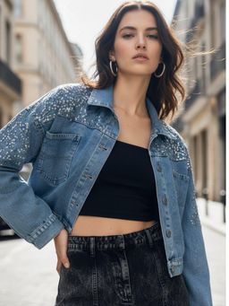 Outzidr - Blue Polyester Embellished Jacket