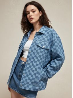 Outzidr - Blue Polyester Checks Jacket