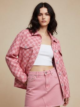 Outzidr - Pink Polyester Checks Jacket