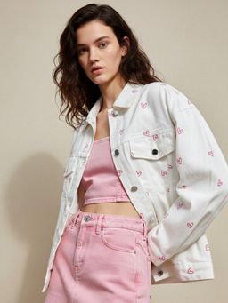 Outzidr - Cream Polyester Printed Jacket