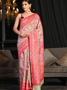 Beatitude - Green Soft Modal Silk Saree with Kashmiri Weaving and Unstitched Blouse