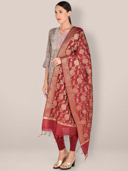 Dupatta Bazaar - Women's Maroon Banarasi Silk Dupatta