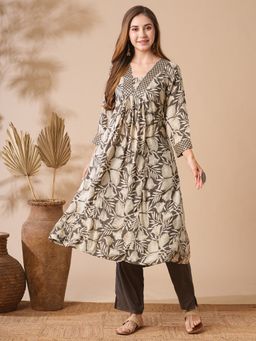 FASHOR - Brown Floral Printed Kurta with Pant (Set of 2)