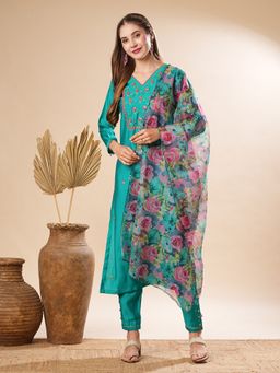 FASHOR - Green Floral Printed Kurta with Pant and Dupatta (Set of 3)