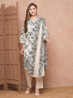 FASHOR - Off White Floral Printed Kurta with Pant and Dupatta (Set of 3)