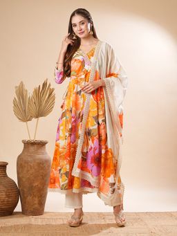 FASHOR - Multi-Color Floral Printed Anarkali Kurta with Pant and Dupatta (Set of 3)