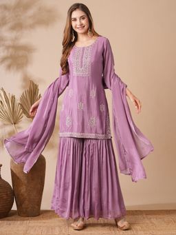 FASHOR - Purple Embroidered Kurti with Sharara and Dupatta (Set of 3)