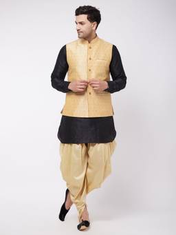 Vastramay - Men's Black And Gold Silk Blend Jacket, Kurta And Dhoti Set (Set of 3)