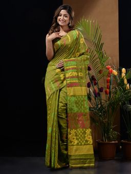 CHARUKRITI - Sap Green Handwoven Saree with Multicolour Floral Designs & Motifs
