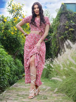 Sera - Pink Floral Printed Wrap Crop Top With Skirt Co -ord (Set of 2)