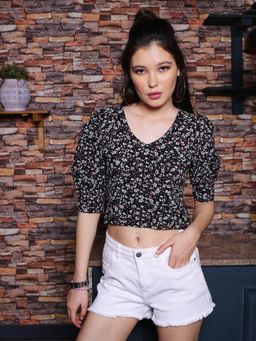 Sera - Women Black Floral Viscose Rayon Regular Crop Top