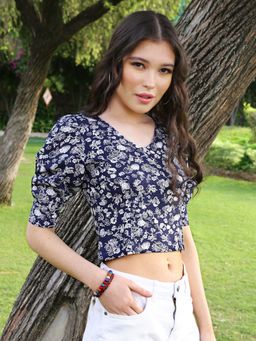 Sera - Navy Blue Floral Bohemian Crop Top