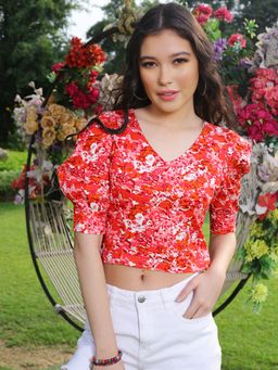 Sera - Red Floral Bohemian Crop Top