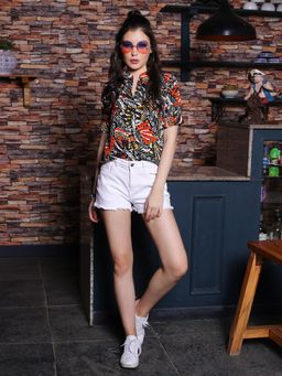 Sera - Black Printed Mandarin Collar Regular Top