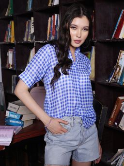 Sera - Blue Check Print Mandarin Collar Regular Top