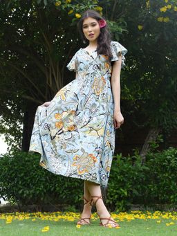 Sera - Blue Fit And Flare Bohemian Print Dress
