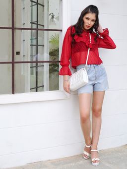 Sera - Red Tie-up Neck Sheer Top