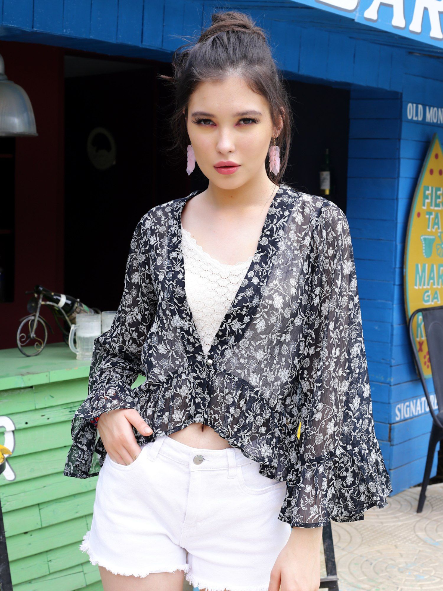 sera Women Black Floral Print Regular Open Front Poly Chiffon Shrug-picture-34