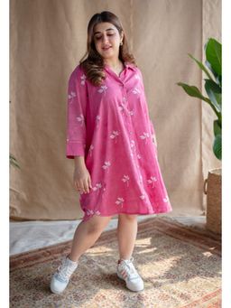 The Indian Ethnic Co. - Pink Dabu Slub Cotton Printed Dress