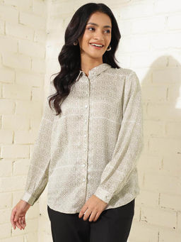 Fabindia - White Rayon Blend Hand Block Printed Shirt