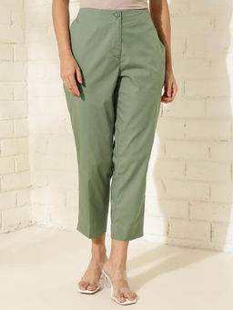 Fabindia - Green Cotton Ankle Length Slim Fit Casual Pant