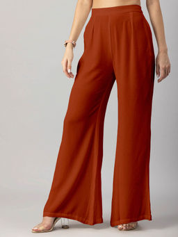 Moomaya - Women's Brown Solid High Waist Palazzo
