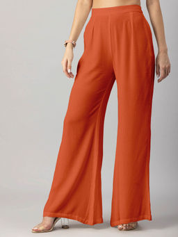 Moomaya - Women's Orange Solid High Waist Palazzo