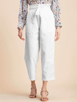 Moomaya - White Solid Cotton Trouser