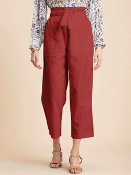 Moomaya - Red Solid Cotton Trouser