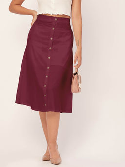 Moomaya - Pink Front Button A-Line Midi Skirt