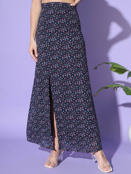 Trend Arrest - Navy Blue Floral Side Slit Maxi Skirt
