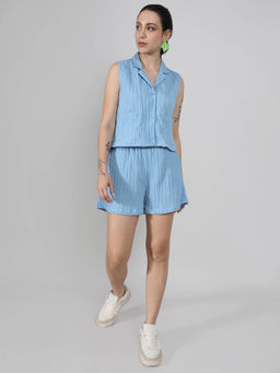 PINACOLADA - Women's Powder Blue Self-Design Striped Co-Ord (Set of 2)