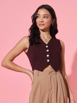 Trend Arrest - Purple V-Neck Woven Waistcoat Crop Top