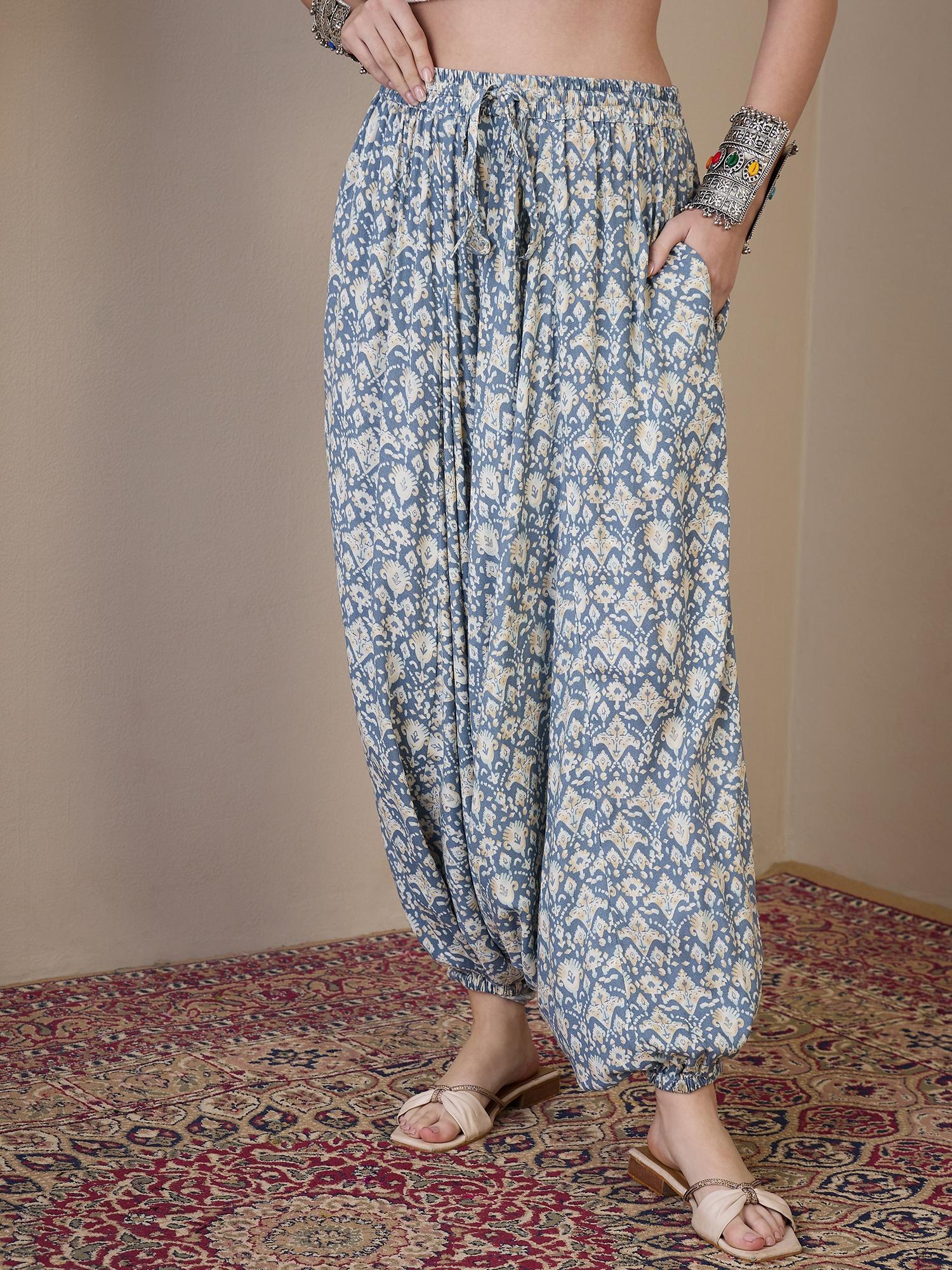 Powder Blue Ikat Print Harem Pant-image-44