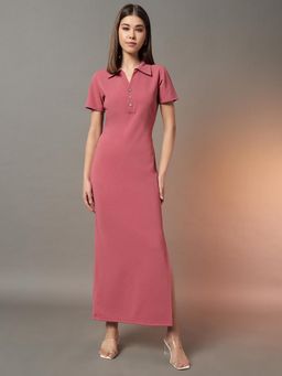 Trend Arrest - Pink Shirt Style Bodycon Side Slit Dress