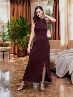 Miss Chase - Women's Wine Maxi Front Slit Dress