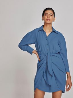 The Label Life - Women Marlin Blue Front Tie Shirt Dress