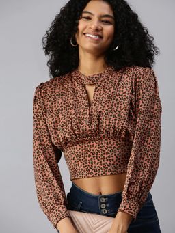 SHOWOFF - Women Keyhole Neck Balloon Sleeve Animal Print Mauve Crop Top