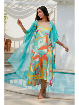 Biba - Women Blue Polyester A Line Printed Dress (Set of 2)