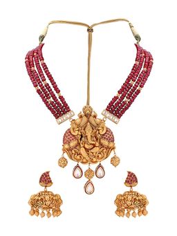 Joules By Radhika - Gold Toned Earring & Necklace Set With Kundan & Ruby Red Semi Precious Beads