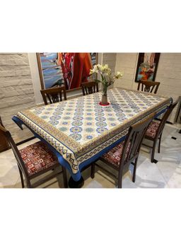 Stole & Yarn - Floral Blue Jaipuri 6 Seater Cotton Table Cover - 116