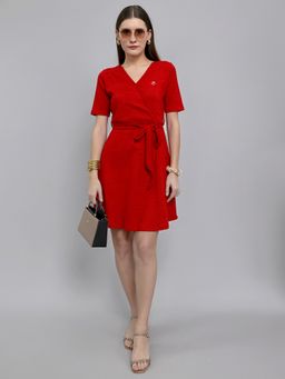 Monte Carlo - Women Regular Fit V Neck Half Sleeve Red Dress with Dress
