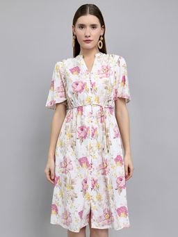 Monte Carlo - Women Regular Fit Half Sleeve Floral Printed White Dress with Belt