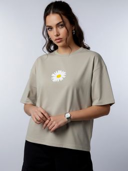KASMA - Women Oversize Printed Cotton Beige T-shirt