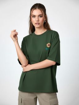 KASMA - Women Oversize Printed Cotton Green T-shirt