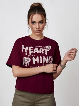 KASMA - Women Oversize Typography Print Cotton Maroon T-shirt
