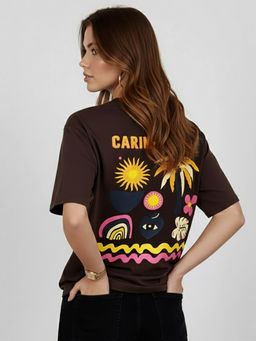 KASMA - Women Oversize Printed Cotton Brown T-shirt
