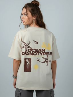 KASMA - Women Oversize Printed Cotton Cream T-shirt